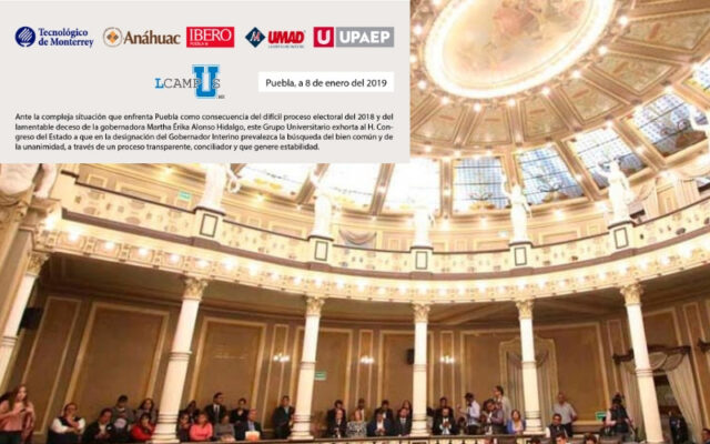 Rectores de universidades poblanas exhortan al Congreso del Estado a designar a un gobernador interino de forma transparente