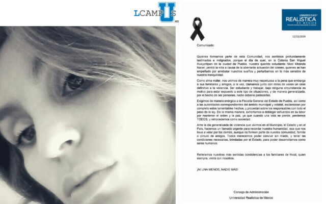 Exige Universidad Realística, todo el peso de la Ley a los culpables del fallecimiento de Nicole Miranda