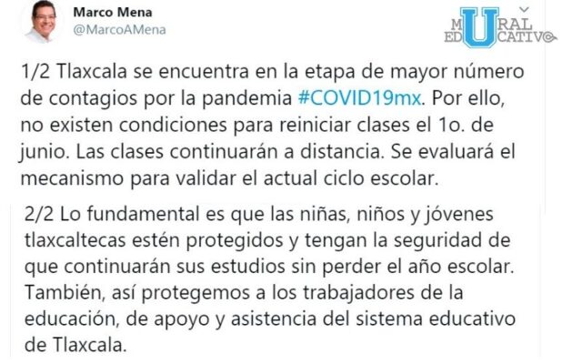 Estudiantes de Tlaxcala tampoco regresaran a clases este 1 de junio, anunció el gobernador Marco Mena